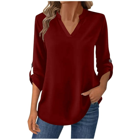 Womens Tunic Tops with Leggings, Long Sleeve Shirts for Women Fall Casual Loose Fit Solid Color Notch V Neck T-Shirts with Buttons