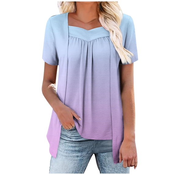 Womens Tunic Tops with Leggings. Short Sleeve Shirts for Women Summer Fashion Ombre Tie Dye Pleated Fake Two Piece Square Neck Dressy Blouses