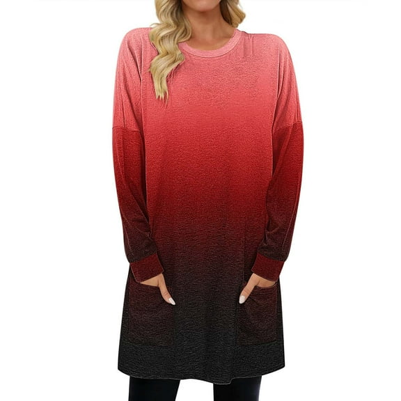 Womens Tunic Tops with Pockets, Long Sleeve Shirts for Women Fall Plus Size Fashion Ombre Tie Dye Crewneck T-Shirts S-3XL