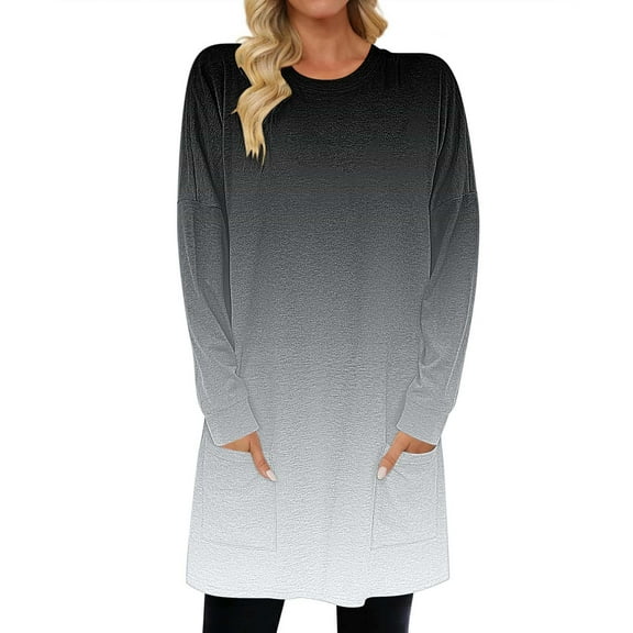 Womens Tunic Tops with Pockets, Long Sleeve Shirts for Women Fall Plus Size Fashion Ombre Tie Dye Crewneck T-Shirts S-3XL