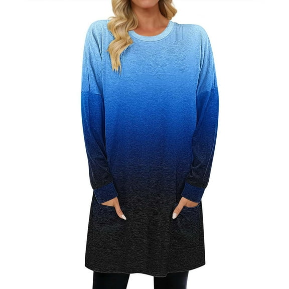 Womens Tunic Tops with Pockets, Long Sleeve Shirts for Women Fall Plus Size Fashion Ombre Tie Dye Crewneck T-Shirts S-3XL