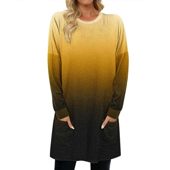 Womens Tunic Tops with Pockets, Long Sleeve Shirts for Women Fall Plus Size Fashion Ombre Tie Dye Crewneck T-Shirts S-3XL