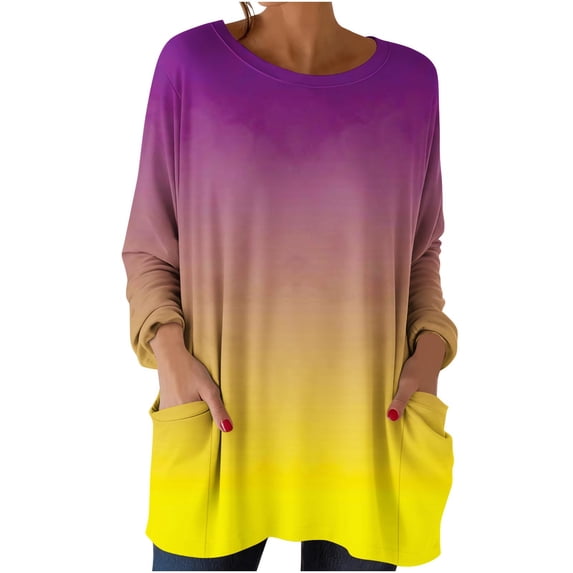 Womens Tunic Tops with Pockets, Long Sleeve Shirts for Women Spring Fashion Ombre Tie Dye Loose Fit Crewneck T-Shirts