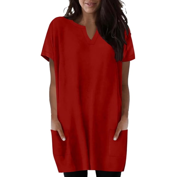 Womens Tunic Tops with Pockets, Short Sleeve Shirts for Women Summer Casual Loose Fit Solid Color Long Length V Neck T-Shirts