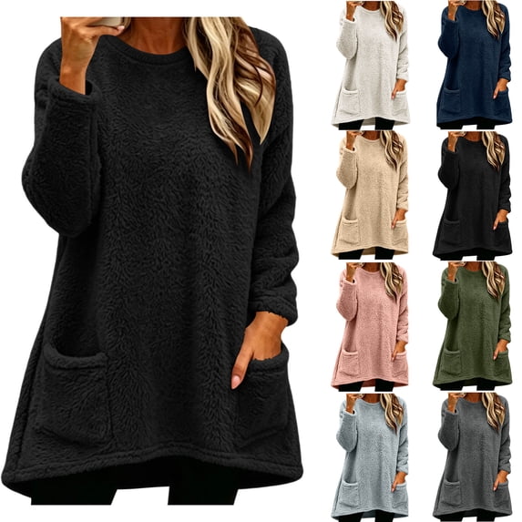 Womens Loose Tops with Pockets Zaewscy Women's Fashion Solid Color Long Sleeve Winter Leisure Elegant Top Black S