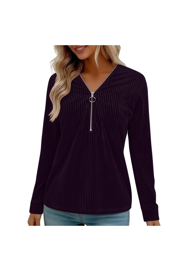 Womens Tunics Fall Dressy Casual Long Sleeve Tops Work Business V-Neck Zip Front Collared Shirts