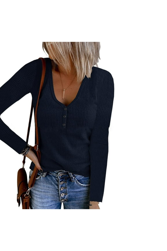 Womens Tunics Waffle Knit Sweaters Spring Fashion Long Sleeve Henley Shirt Button Up V Neck Loose Thermal Tunic Tops