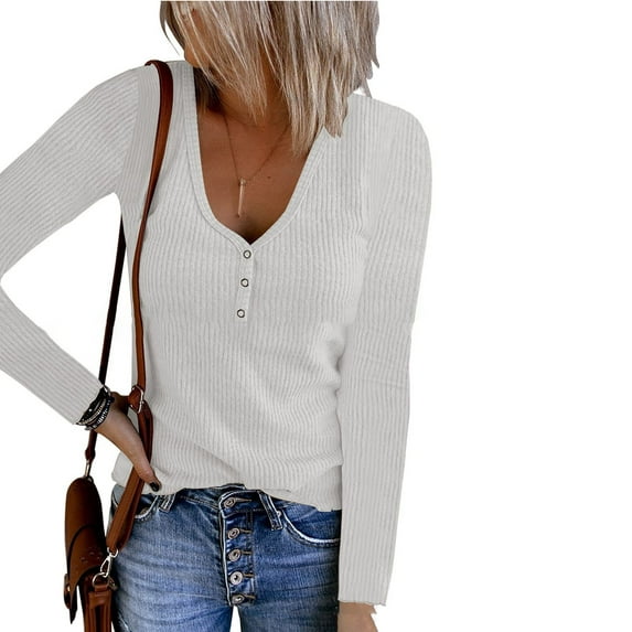Womens Tunics Waffle Knit Sweaters Spring Fashion Long Sleeve Henley Shirt Button Up V Neck Loose Thermal Tunic Tops