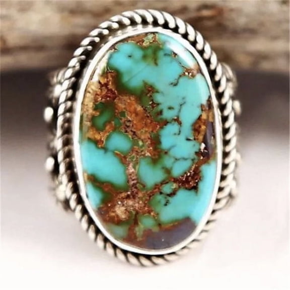 Womens Turquoise Inlaid Metal Ring Electroplated Green Fashion Jewelry Simple Ring Stylish Inlay Design Ring for Women