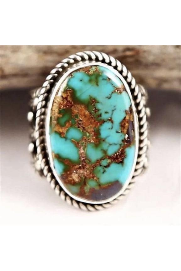 Womens Turquoise Inlaid Metal Ring Electroplated Green Fashion Jewelry Simple Ring Stylish Inlay Design Ring for Women
