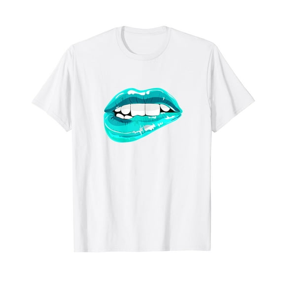Womens Turquoise Lips Girl Biting Mouth Sexy Blue Womens Kiss T-Shirt