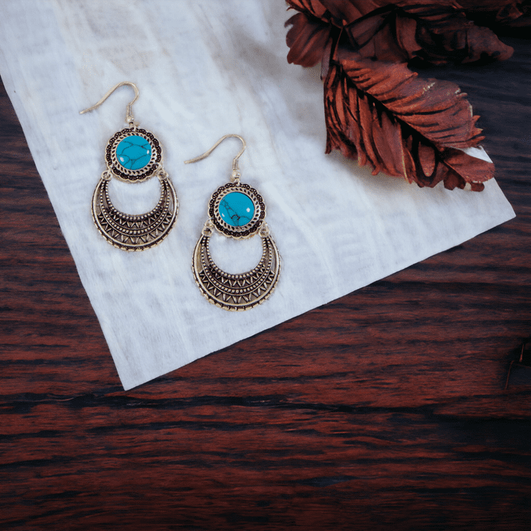 Stone Crescent Drop Earring - Turquoise/Gold Stone Crescent Drop Earring - Turquoise/Gold