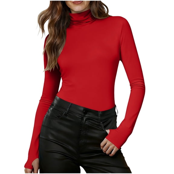 Womens Turtle Neck Base Pullover Slim Fitted Thumb Hole Long Sleeve Casual Fall Winter Basic Thermal Tops (S, Red)