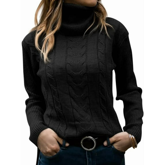 Womens' Turtle-Neck Long Sleeve Cable Knit Sweaters Black XL