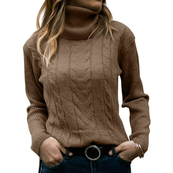 Womens' Turtle-Neck Long Sleeve Cable Knit Sweaters Dark Brown S