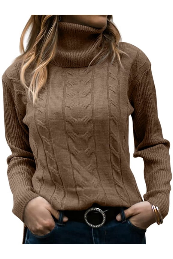 Womens' Turtle-Neck Long Sleeve Cable Knit Sweaters Dark Brown S