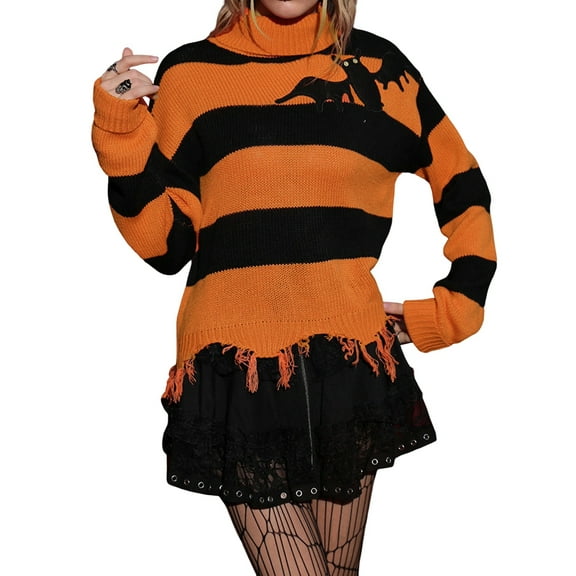 Womens' Turtle Neck Long Sleeve Print Knit Sweaters Orange Striped M