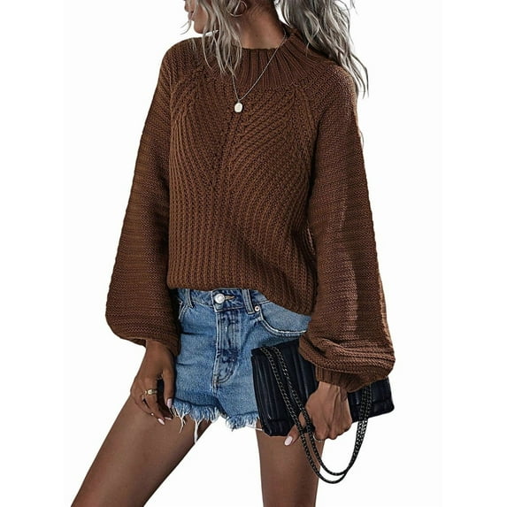 Womens Turtle-Neck Oversized Sweaters Casual Long Sleeve Pullover Loose Chunky Knit Jumper Brown XL