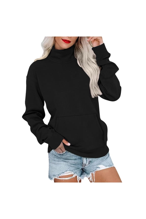 Womens Turtle Neck Sweatshirts Casual Loose Long Sleeve Pullover Tops Solid Fleece Hoodies Sweatshirt Fall Winter Fashion Outfits 2025 Clothes with Pockets Basic Juniors Girls Cute Hooded Sweaters