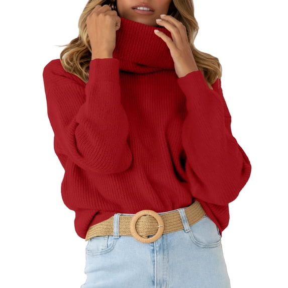 Womens Turtleneck Drop Shoulder Sweaters Chunky Knit Long Sleeve Oversized Pullover Jumper Tops