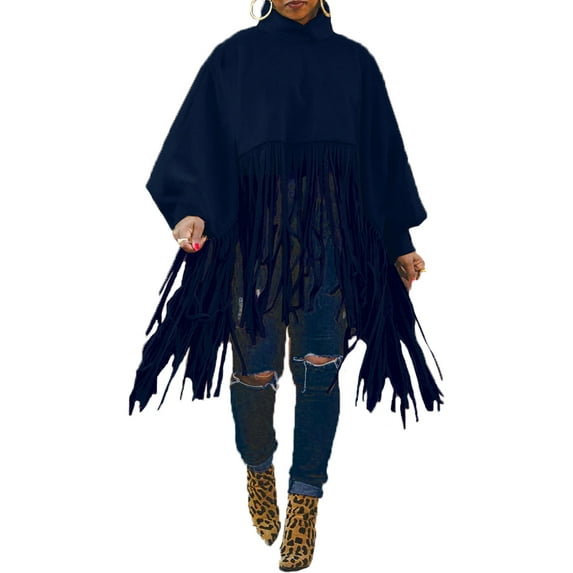 Womens Turtleneck Fringe Tops Bating Long Sleeve Jacket Vintage Tassel Poncho Cape Oversized Pullover Sweatshirt Dress