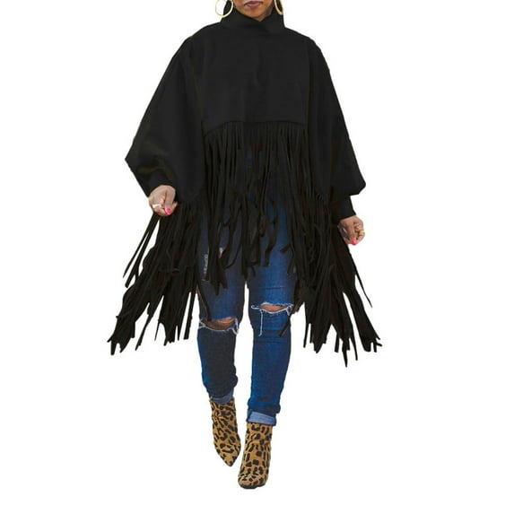 Womens Turtleneck Fringe Tops Bating Long Sleeve Jacket Vintage Tassel Poncho Cape Oversized Pullover Sweatshirt Dress