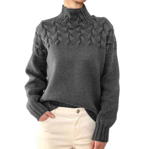 Womens Turtleneck Knit Sweater Long Sleeve Pullover Top Textured Cable Pattern Ribbed Cuffs Regular Fit Casual Style