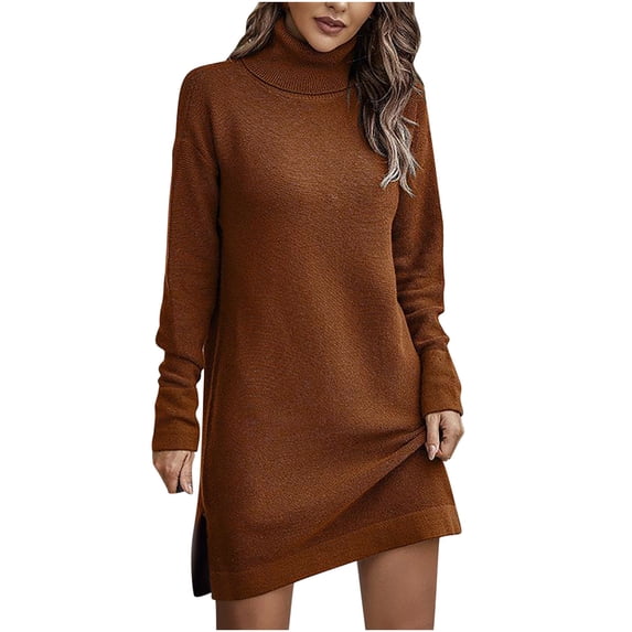 Womens Turtleneck Knit Sweater Mini Dress Button Long Sleeve Dress Casual Solid Stretchy Fall Winter Sweater Dress