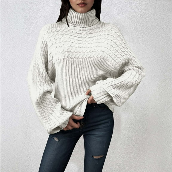 Womens' Turtleneck Long Sleeve Cable Ribbed Knit Sweaters Comfortable Casual Winter Clothes (White XL)