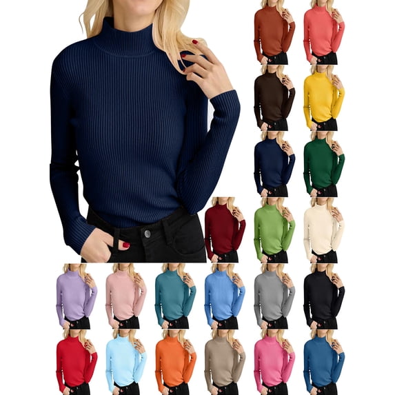 Womens Turtleneck Long Sleeve Fall Cozy Knit Sweater 2026 Trendy Loose Pullover Solid Color Cozy Outfits Fall Fashion Warm Winter Clothing Dark Blue Free Size