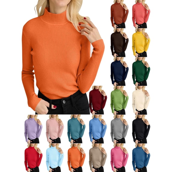 Womens Turtleneck Long Sleeve Fall Cozy Knit Sweater 2026 Trendy Loose Pullover Solid Color Cozy Outfits Fall Fashion Warm Winter Clothing Orange Free Size
