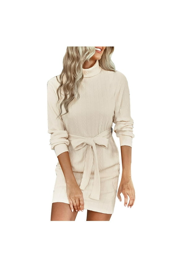 Womens Turtleneck Long Sleeve Knit Dress Stretchy Elasticity Tie Waist Slim Fit Winter Fall Mini Sweater Dresses