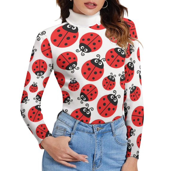 Womens Turtleneck Long Sleeve Shirts - Cartoon Ladybug Comfy Mock Turtle Neck Tops Casual High Neck Thermal Underwear Tops Fall Sweaters for Women