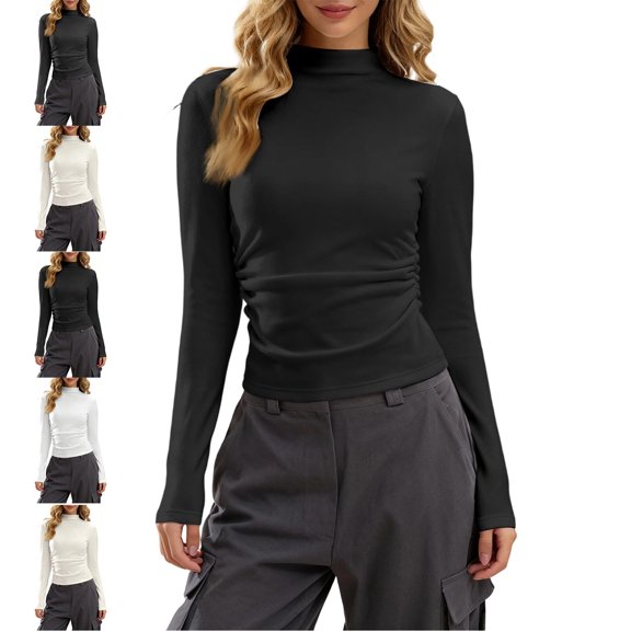 Womens Turtleneck Long Sleeve Shirts Fashion Basic Fleece Tops Casual Solid Color Blouses Trendy Winter Clothes Black M