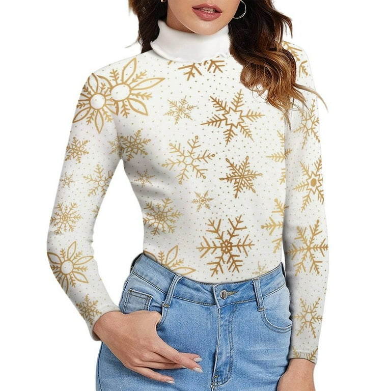 Snowflake Printing High Neck Collar Long Sweaters Snowflake Printing High Neck Collar Long Sweaters