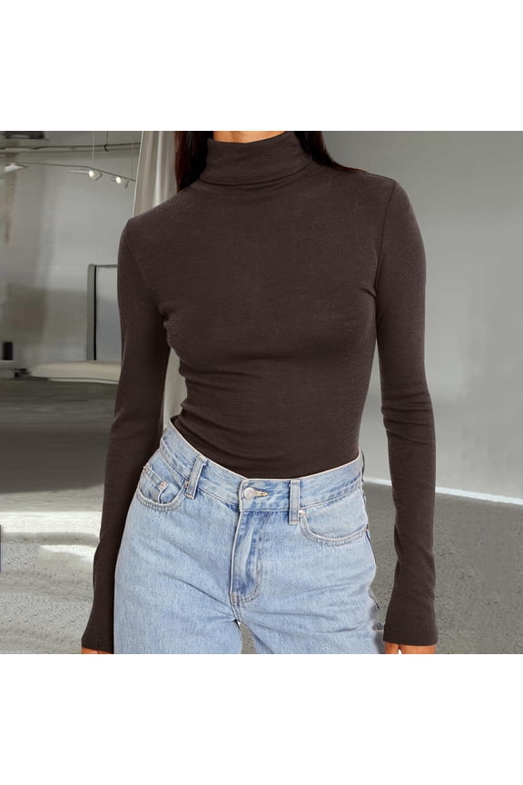Womens Turtleneck Long Sleeve Shirts Lightweight Solid Color Basic Slim Fit Soft Thermal Underwear Tops Fall Basic Tees Coffee XS