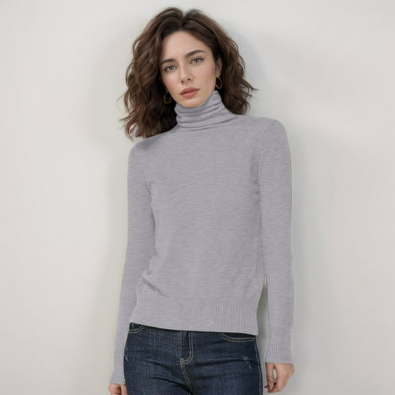 Womens Turtleneck Long Sleeve Sweater Tops Soft Knit Basic Pullover (Grey M)