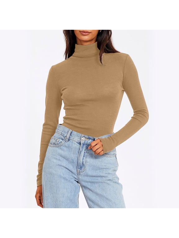 Womens Turtleneck Long Sleeve Top Slim Fit Stretchy Solid Color Basic Shirt Casual Layering Blouse for Fall Winter Tan XXL