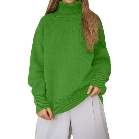 Womens Turtleneck Oversized Sweaters Long Sleeve Pullover Loose Chunky Knit Jumper Comfortable Solid Color High Neck Pullover Sweater(Color:Green,Size:S)