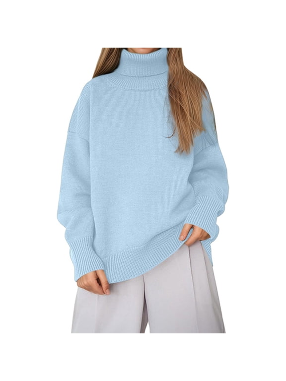 Womens Turtleneck Oversized Sweaters Long Sleeve Pullover Loose Knit Jumper Comfortable Solid Color High Neck Pullover Sweater(Color:Light Blue,Size:XXL)