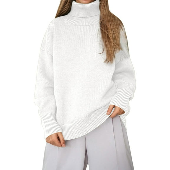 Womens Turtleneck Oversized Sweaters Long Sleeve Pullover Loose Knit Jumper Comfortable Solid Color High Neck Pullover Sweater(Color:White,Size:XXL)