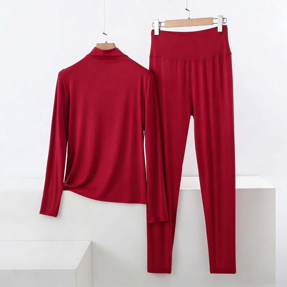 Womens Turtleneck Pajamas Set Casual Solid Color Stretch Long Sleeve Tops High Waisted Pants Sleepwear New Women's Pant Sets Casual Wine 4XL