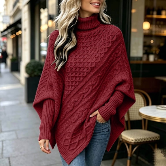 Womens Turtleneck Poncho Sweater Knit Loose Fit Long Sleeve Asymmetric Pullover Cape Shawl Fall Winter