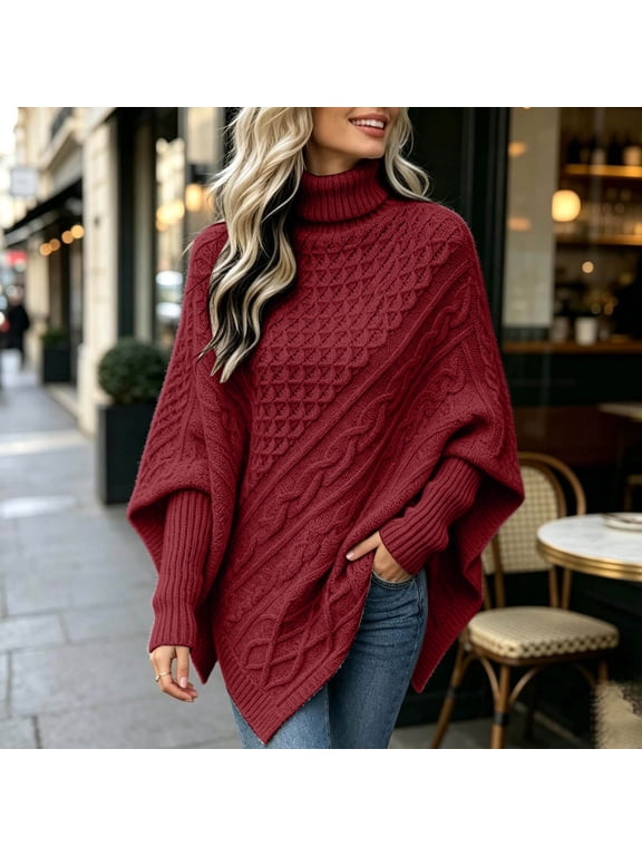 Womens Turtleneck Poncho Sweater Knit Loose Fit Long Sleeve Asymmetric Pullover Cape Shawl Fall Winter