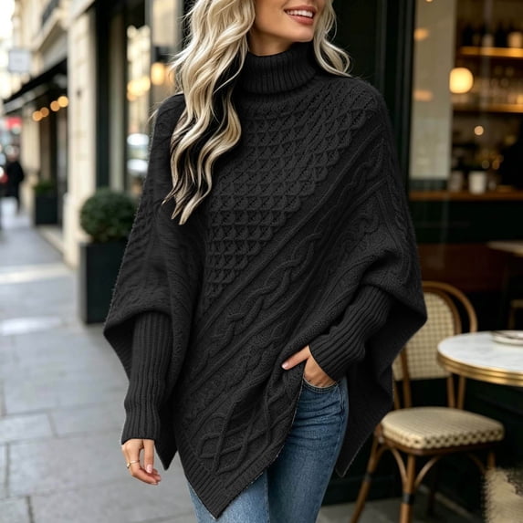 Womens Turtleneck Poncho Sweater Knit Loose Fit Long Sleeve Asymmetric Pullover Cape Shawl Fall Winter