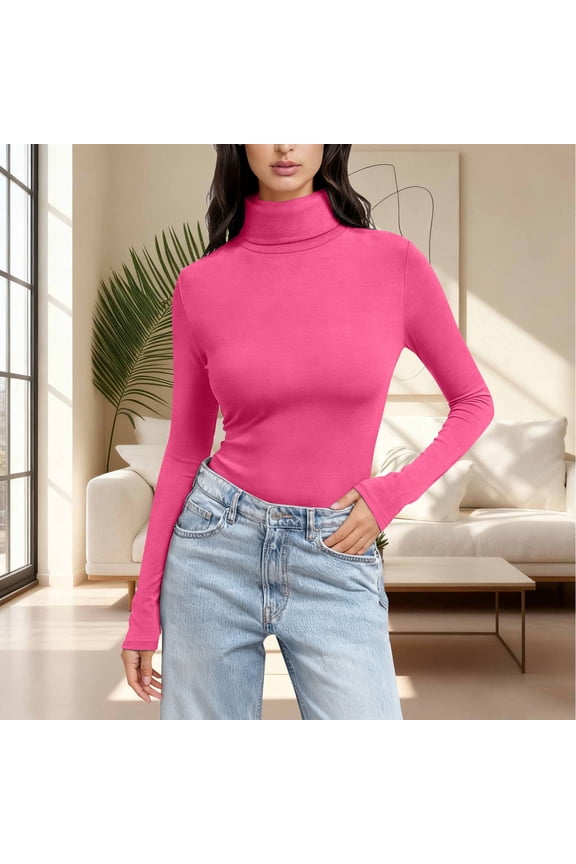 Womens Turtleneck Shirt Long Sleeve Layer Tops Basic Cotton Tees Soft Thermal Underwear Blouse Hot Pink L