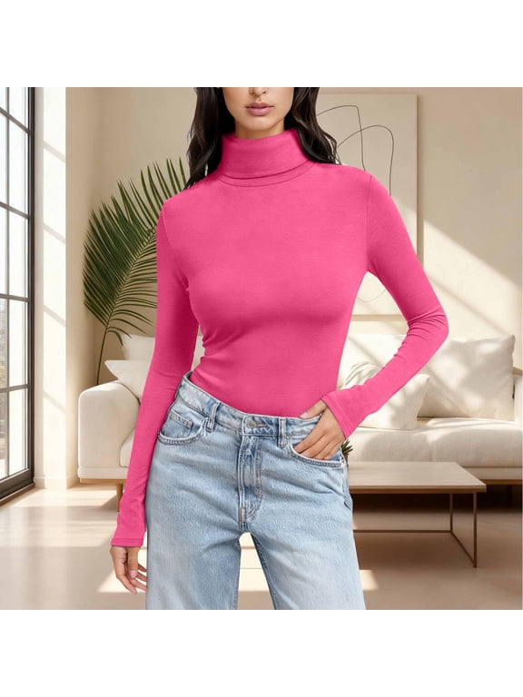 Womens Turtleneck Shirt Long Sleeve Layer Tops Basic Cotton Tees Soft Thermal Underwear Blouse Hot Pink XXL