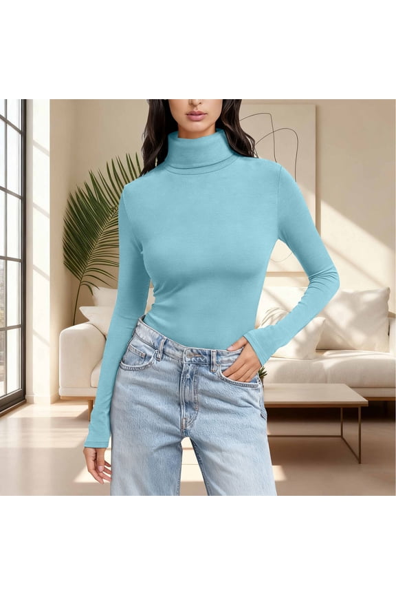 Womens Turtleneck Shirt Long Sleeve Layer Tops Basic Cotton Tees Soft Thermal Underwear Blouse Light Blue XXL