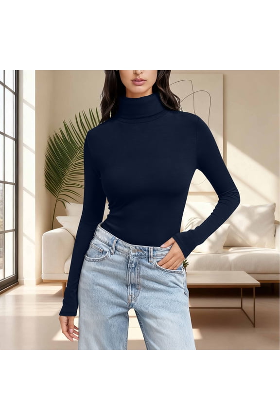 Womens Turtleneck Shirt Long Sleeve Layer Tops Basic Cotton Tees Soft Thermal Underwear Blouse Navy XL