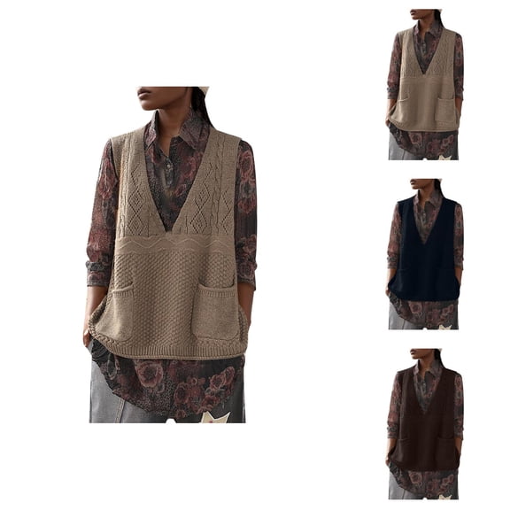 Womens Turtleneck Sleeveless Sweater Vest for a Polished Rich Mom Look Loose Vest Plus Size Ethnic Retro Style Pocket V Neck Knitted Vest Women's Spring And Autumn 2024